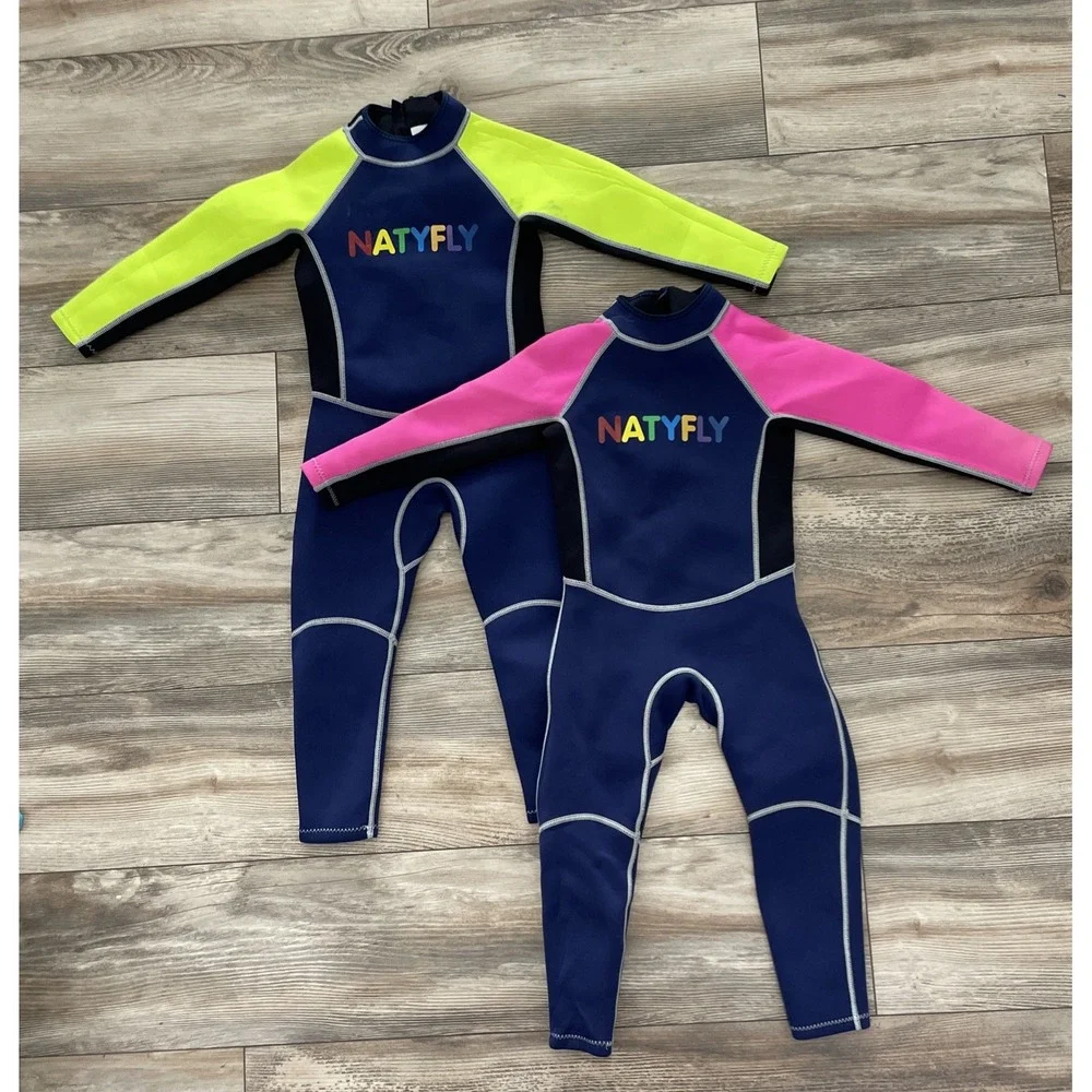 NATYFLY Kids Wetsuit Full Suit Surfing Swimming Size Small Lot of 2 Navy Neon